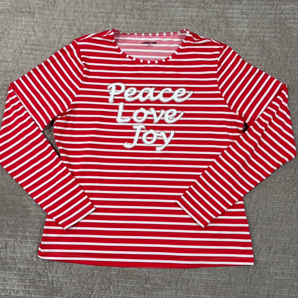 Lands End Womens Red White Striped Peace Love Joy Graphic Top M 10-12 H20 520412